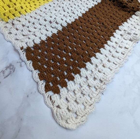 Vintage Crochet Blanket Throw Afghan Retro Brown Yellow Cream Blue Boho Stripe - Picture 4 of 13